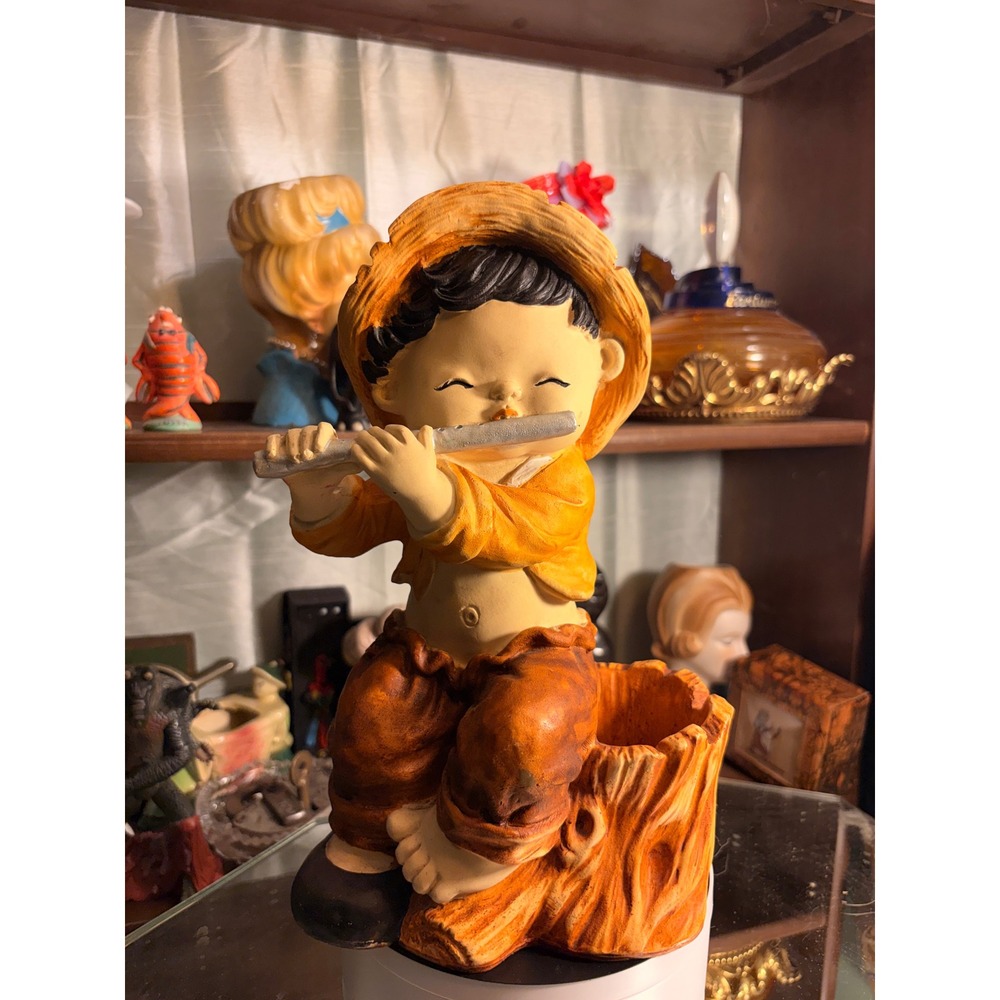 Vintage Ceramic Boy Playing Flute Figurine Bank Planter Rustic Decor Orange